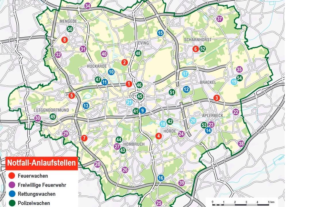 Eine Karte mit den Notfallanlaufstellen der Stadt Dortmund