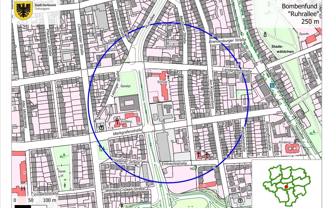 Evakuierungsradius des Blindgänger in der Ruhrallee.
