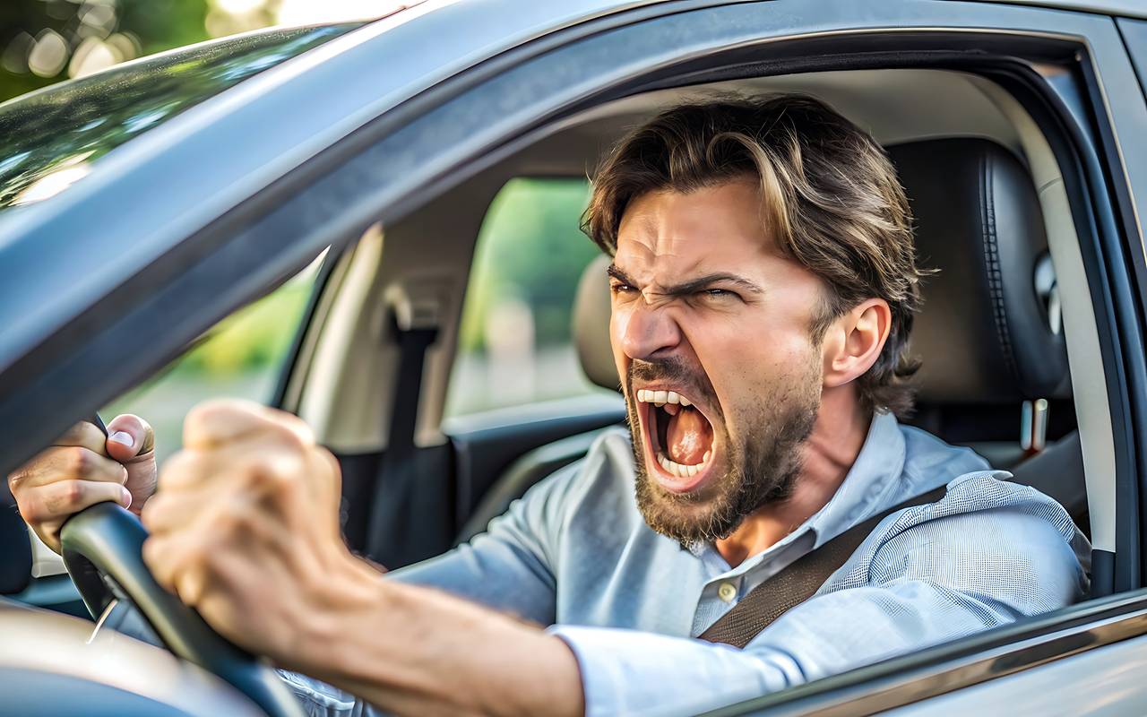 Autofahrer schimpft im Auto. Symbolbild.