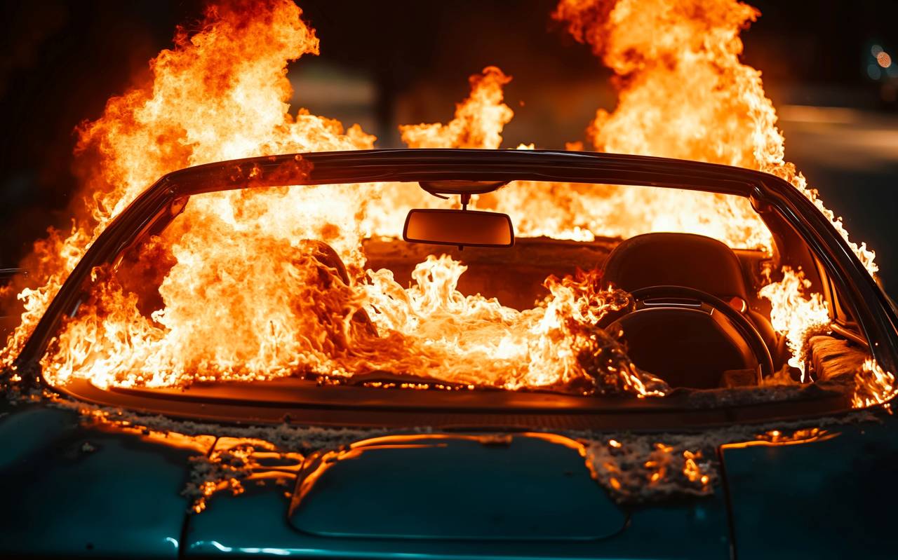 Auto von vorne, welches in Flammen steht