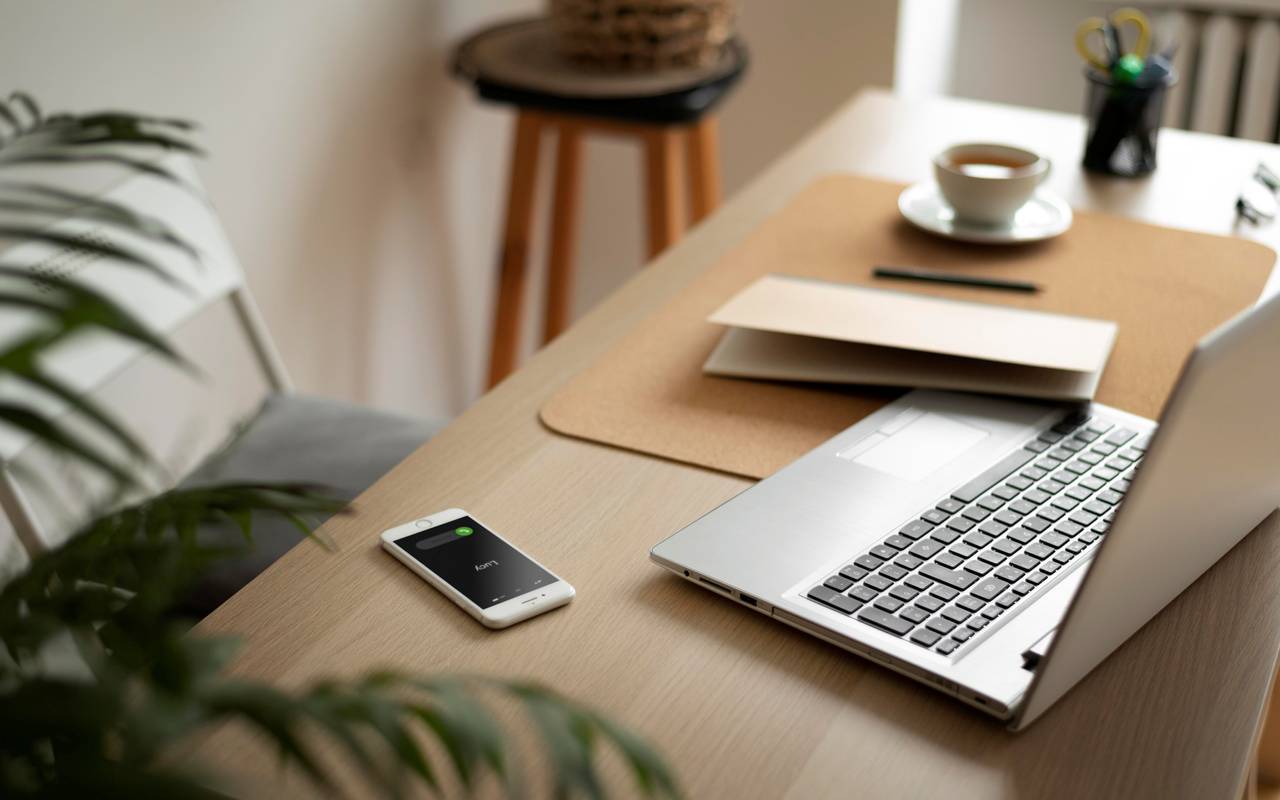Schreibtisch mit Laptop, Handy und Unterlagen