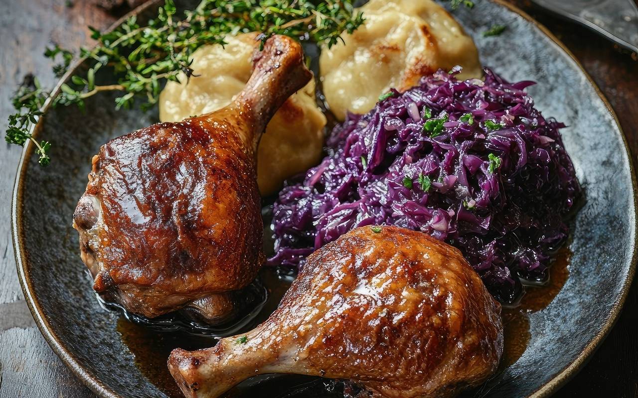 Gänsebraten, Rotkohl und Klöse auf einem Teller