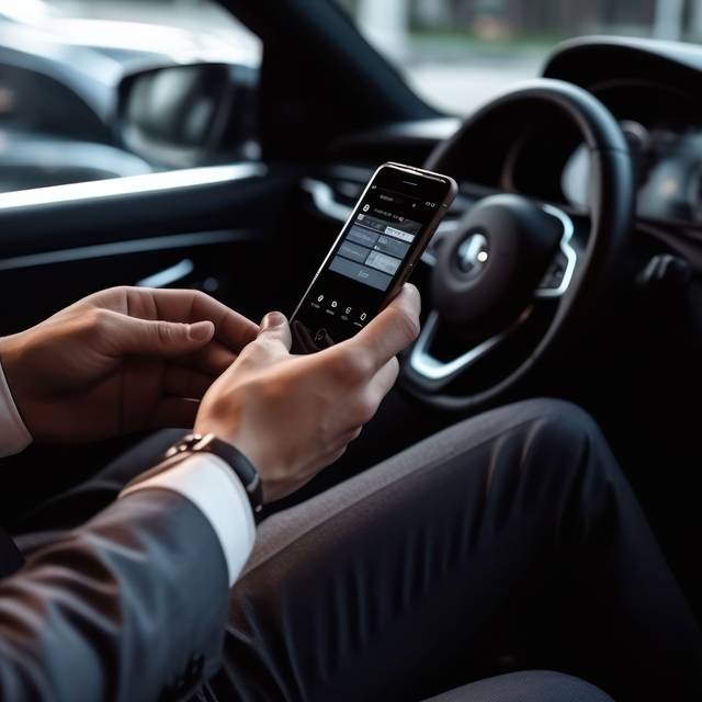 Ein Mann sitzt im Auto und schaut auf sein Handy