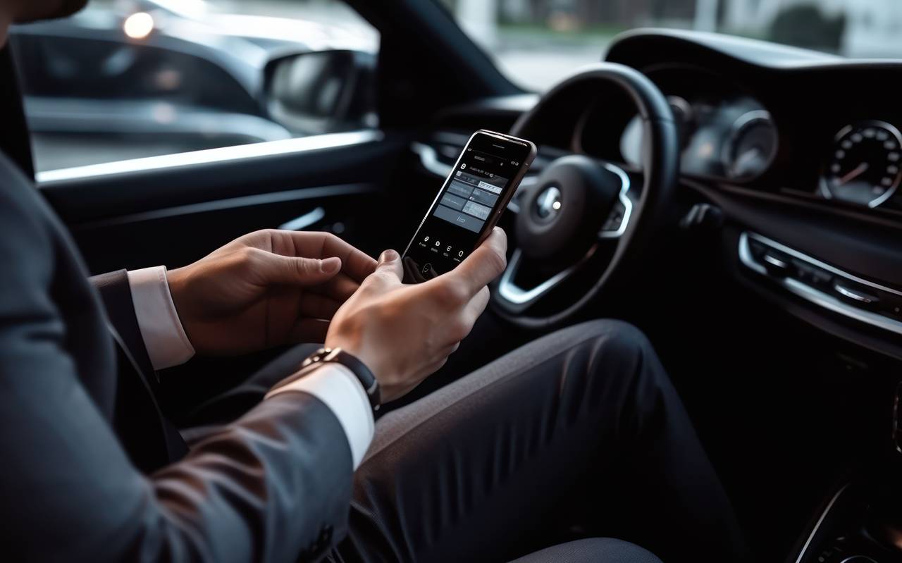 Ein Mann sitzt im Auto und schaut auf sein Handy