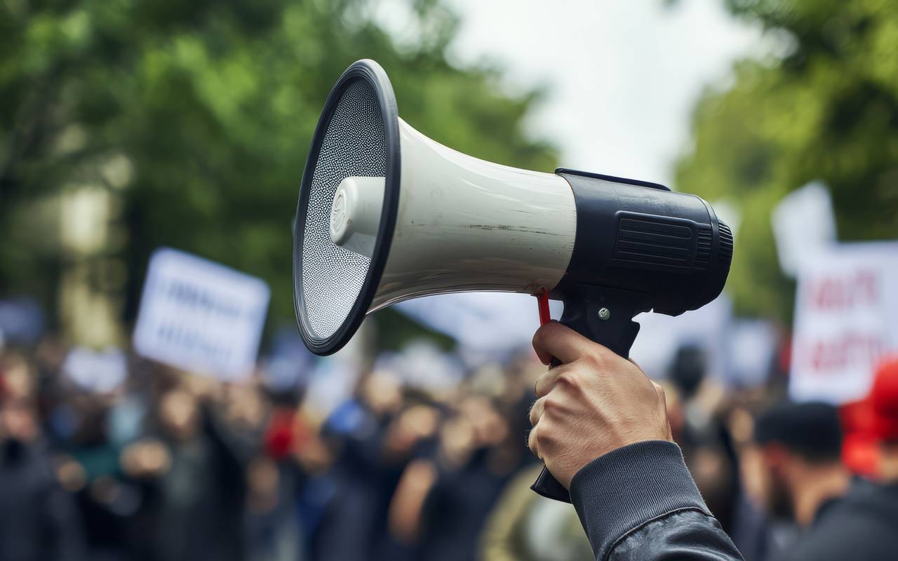 Demonstration auf der ein Megafon in der Hand gehalten wird