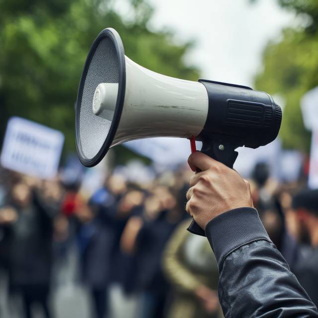 Demonstration auf der ein Megafon in der Hand gehalten wird