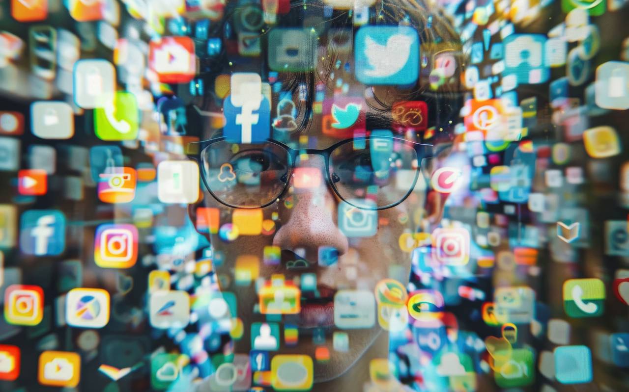 Ein Mann ist Im Hintergrund zu sehen. Vor ihm sind ganz viele Apps, die in der Luft schweben