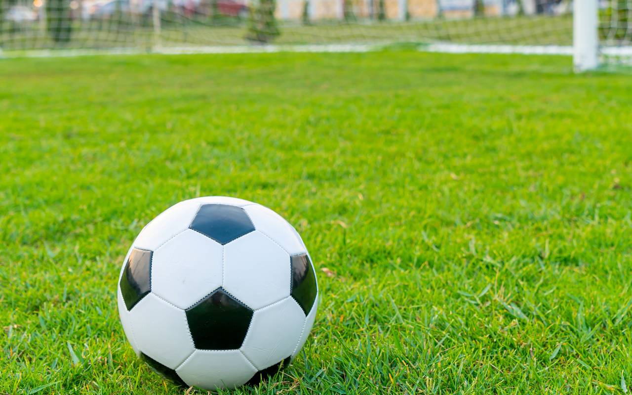 Ein Fußball liegt vor dem Tor auf dem Rasen eines Fußballplatzes