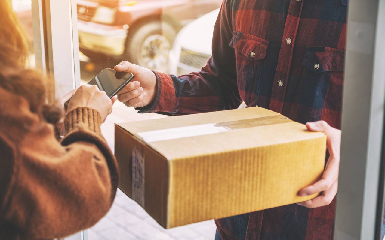 Paketbote übergibt an der Haustür ein Paket