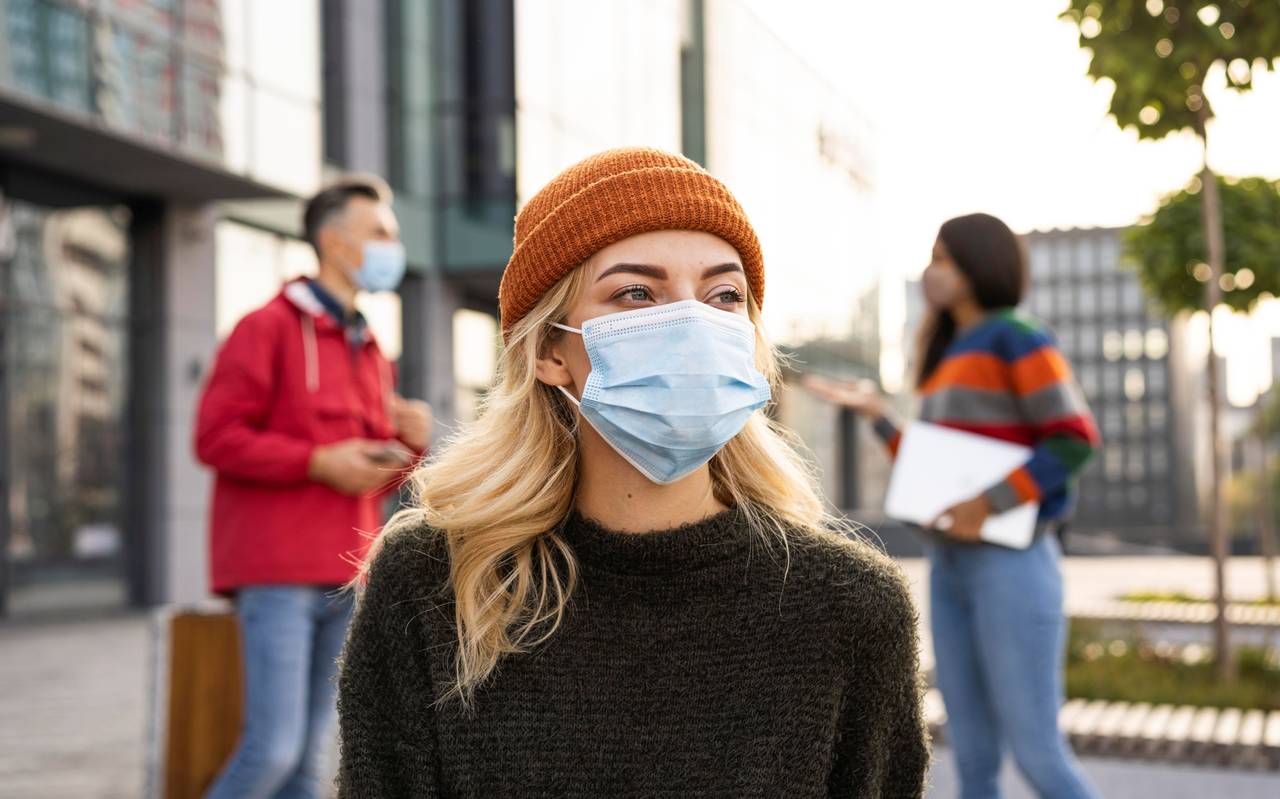 Eine Frau trägt eine medizinische Maske