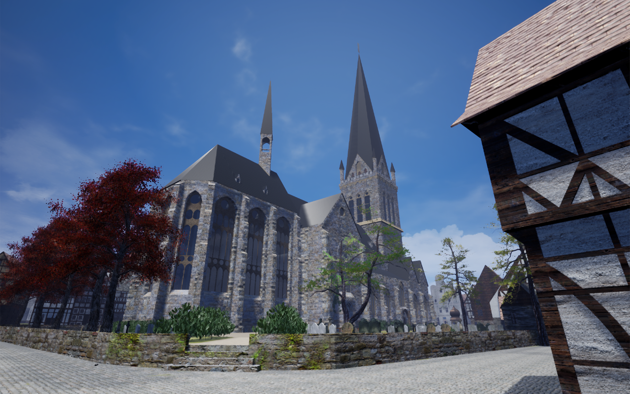 Historisches Stadtzentrum mit Reinoldikirche als 3D-Rekonstruktion.