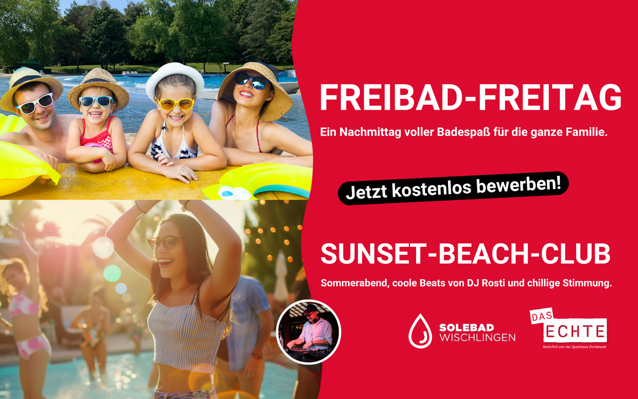 Radio 91.2 macht den Sommer unvergesslich – mit einem Tag voller Wasser, Sonne, Musik und guter Laune! Am Freitag, 15. August 2025, laden wir euch gemeinsam mit der Sparkasse Dortmund und dem Solebad Wischlingen zu einem exklusiven Event ein: