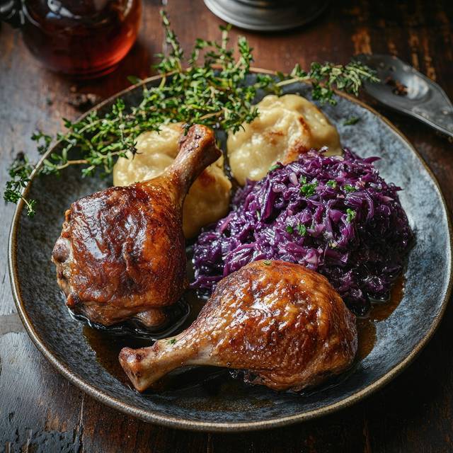 Gänsebraten, Rotkohl und Klöse auf einem Teller
