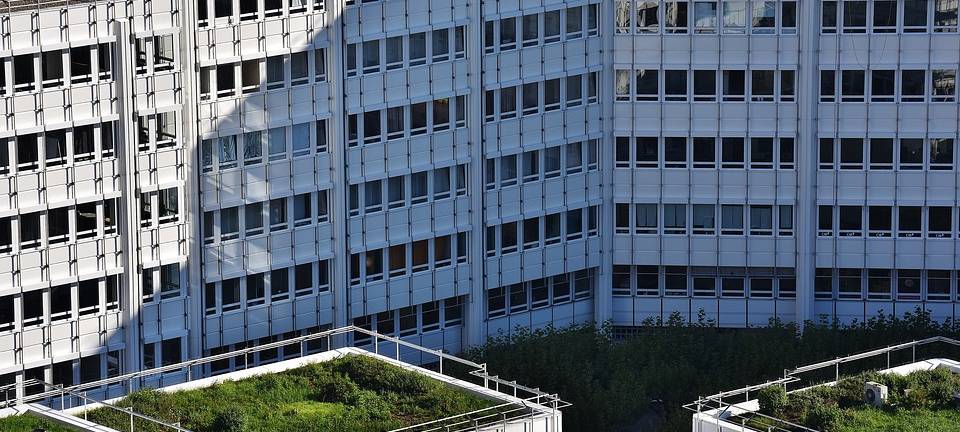 Symbolbild: Hochhauskomplex mit Dachbegrünung.