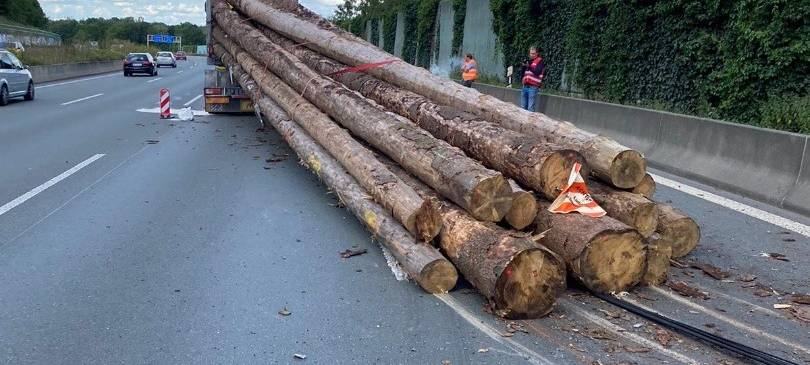 Langholztransporters verliert Ladung.