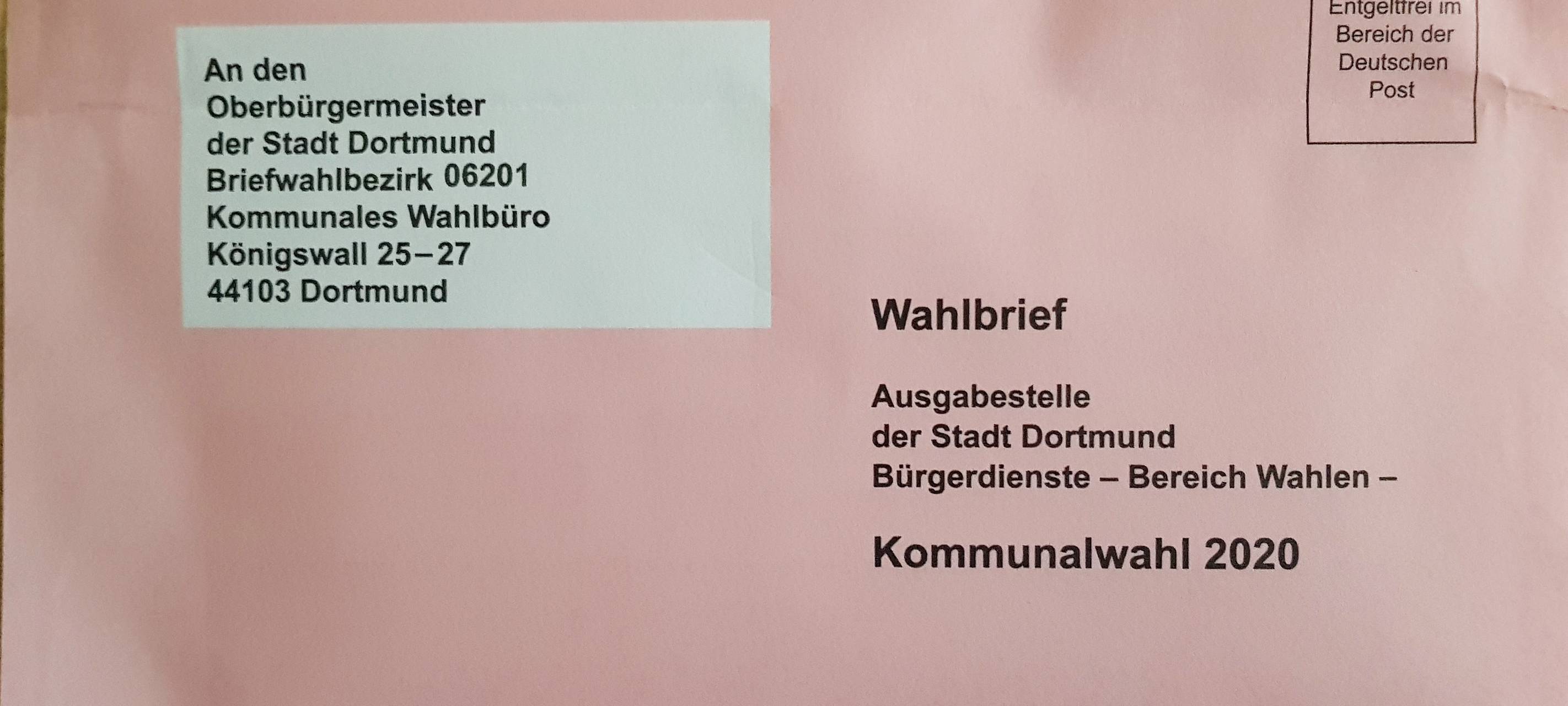 Briefwahlumschlag der OB-Stichwahl in Dortmund.
