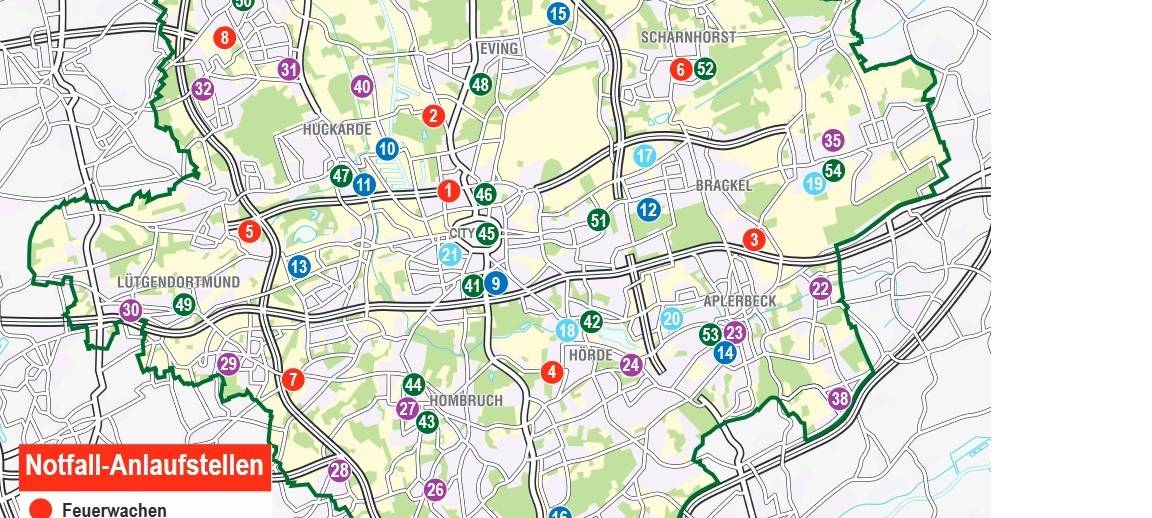 Eine Karte mit den Notfallanlaufstellen der Stadt Dortmund