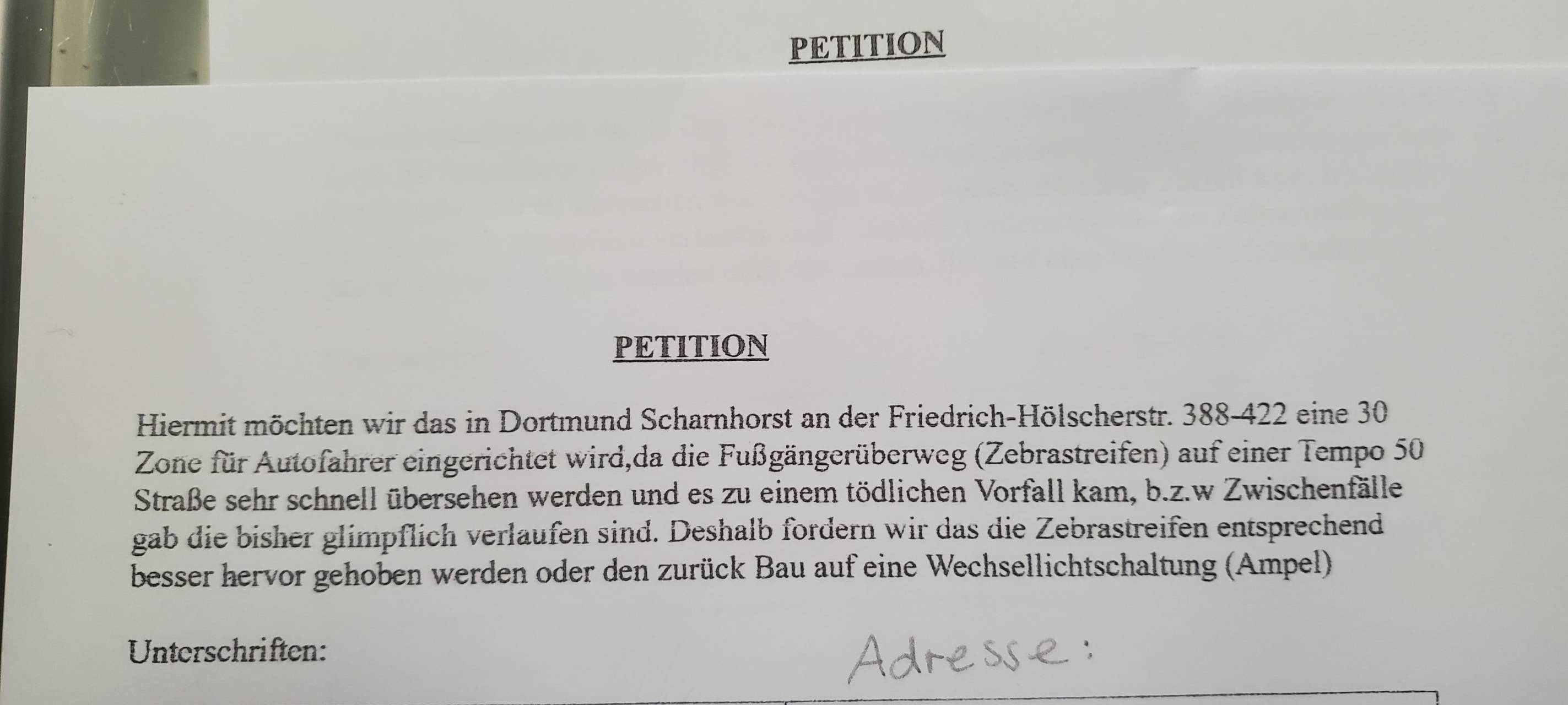 Petition für mehr Sicherheit in Scharnhorst