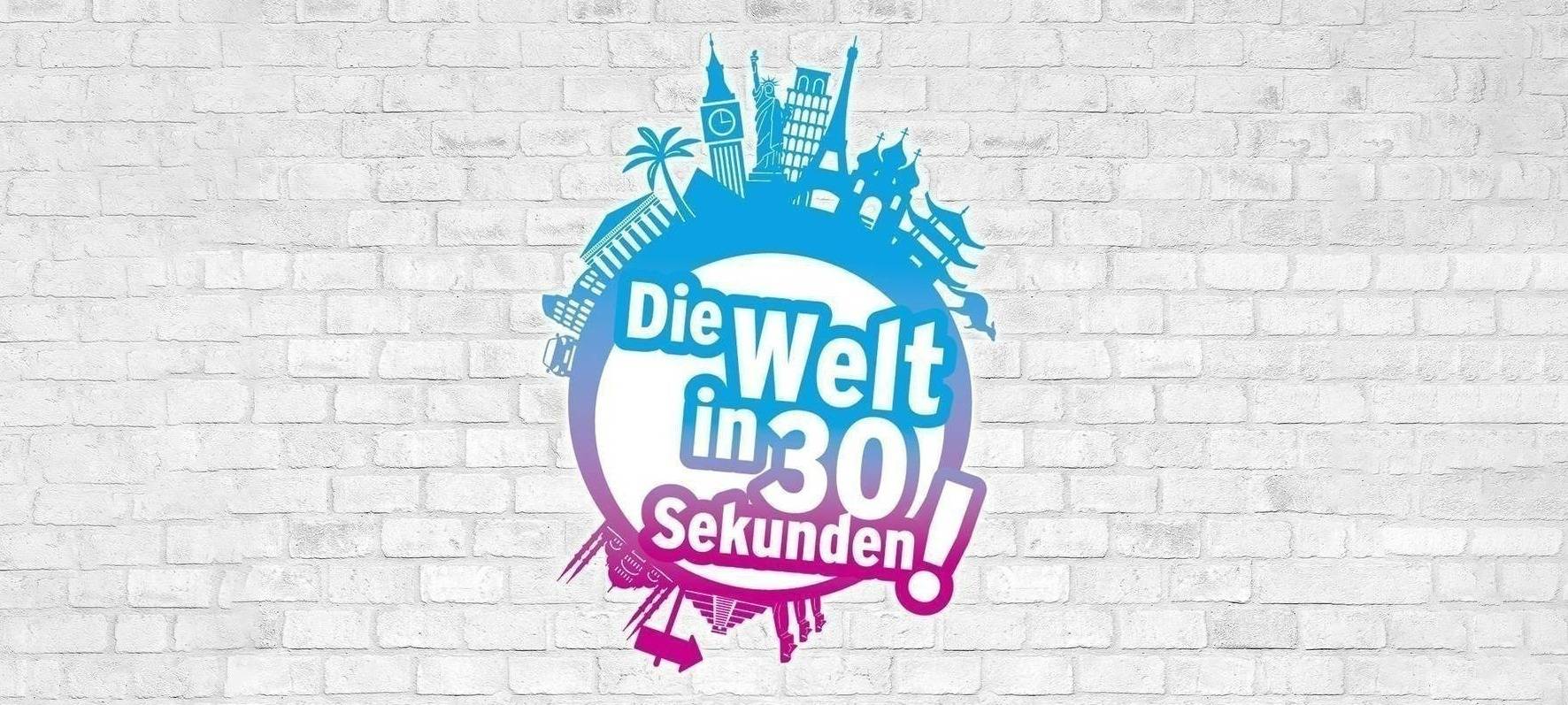 Das Logo von "Die Welt in 30 Sekunden" vor einer hellgrauen Mauer.