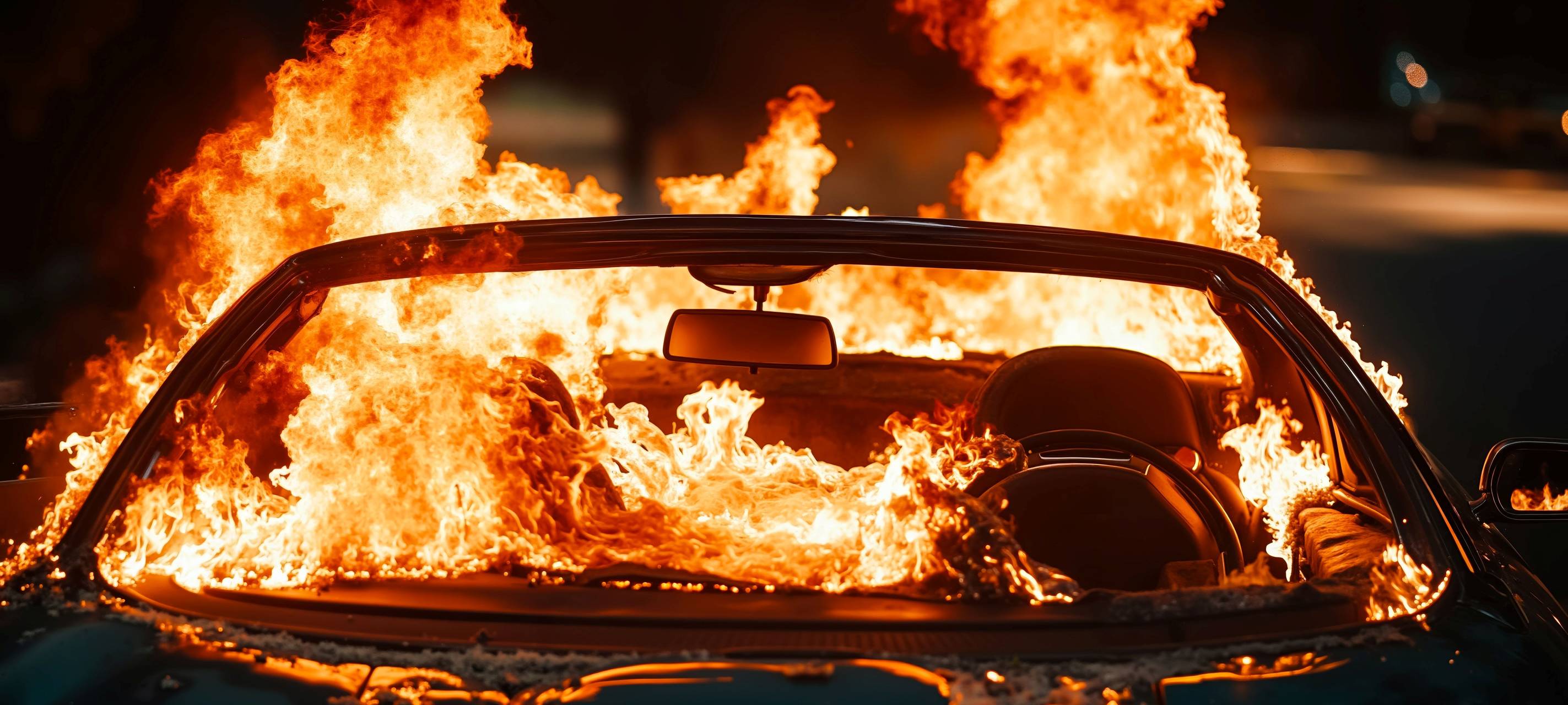 Auto von vorne, welches in Flammen steht