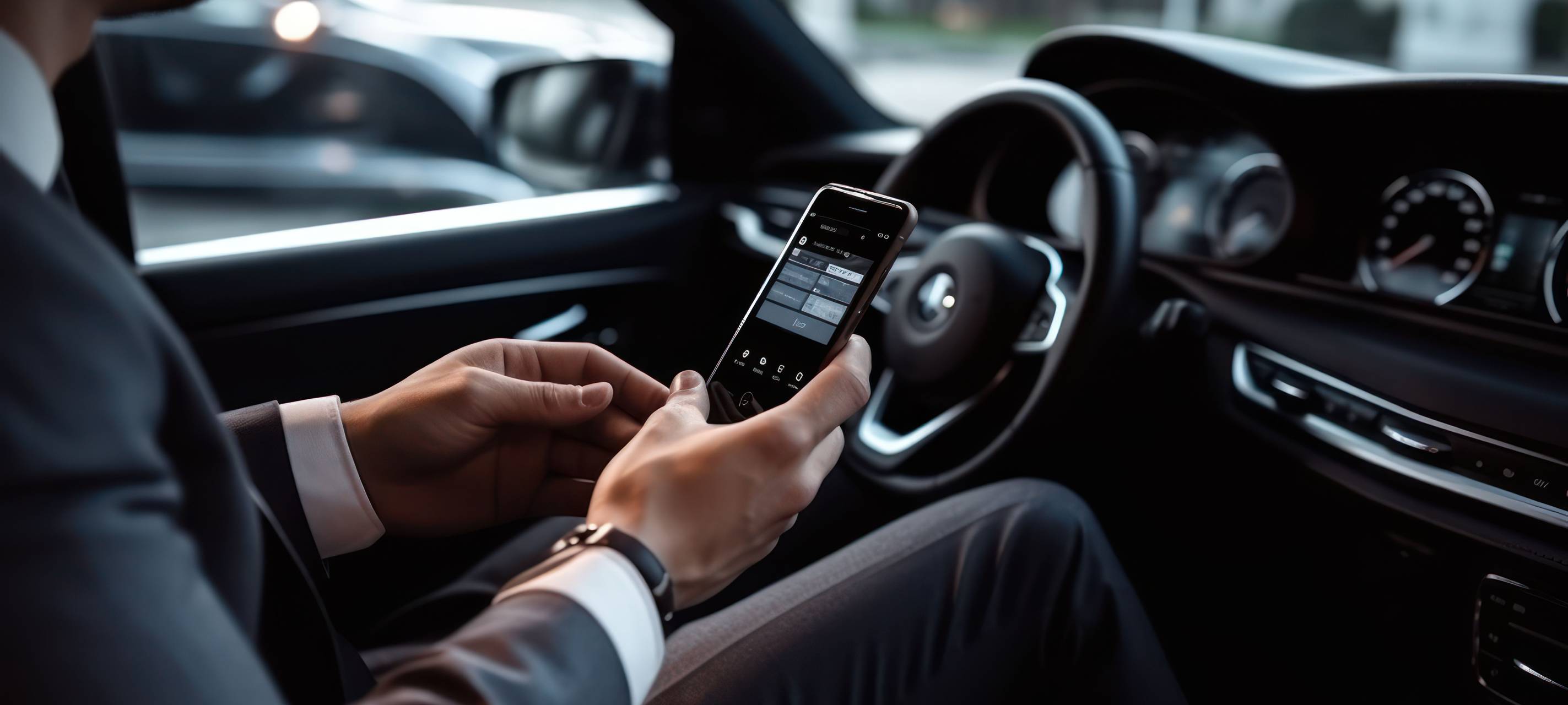 Ein Mann sitzt im Auto und schaut auf sein Handy