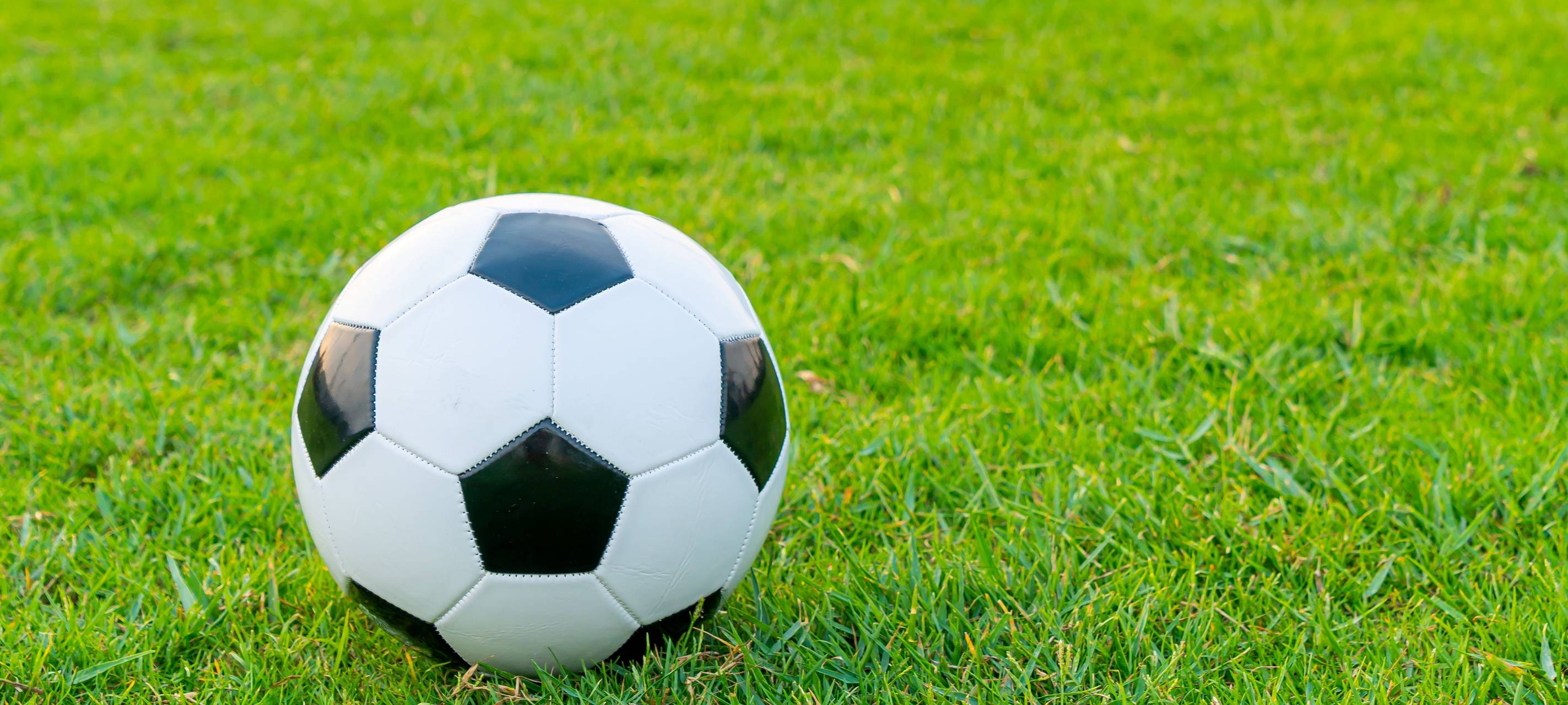 Ein Fußball liegt vor dem Tor auf dem Rasen eines Fußballplatzes