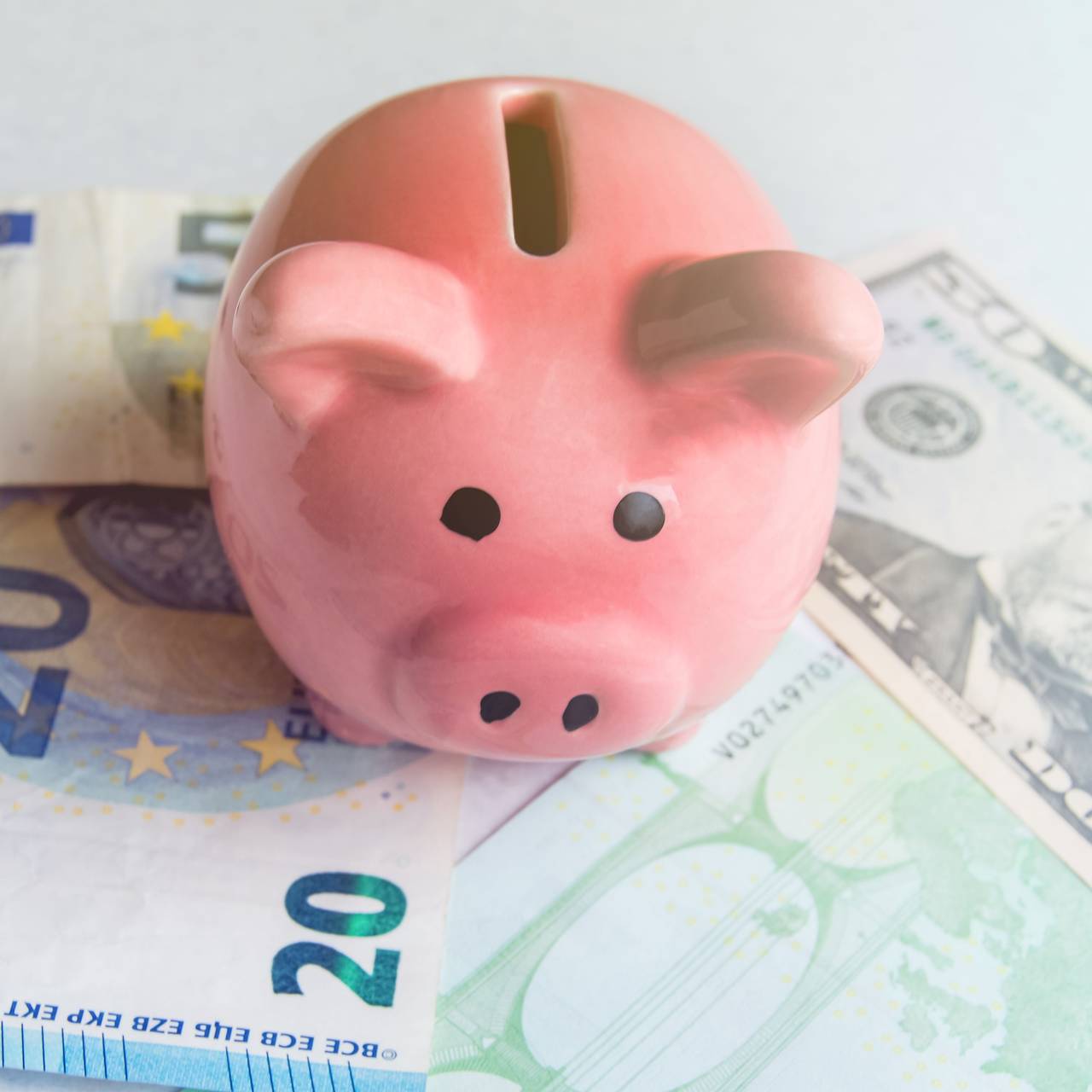Rosa Sparschwein steht auf Geldscheinen