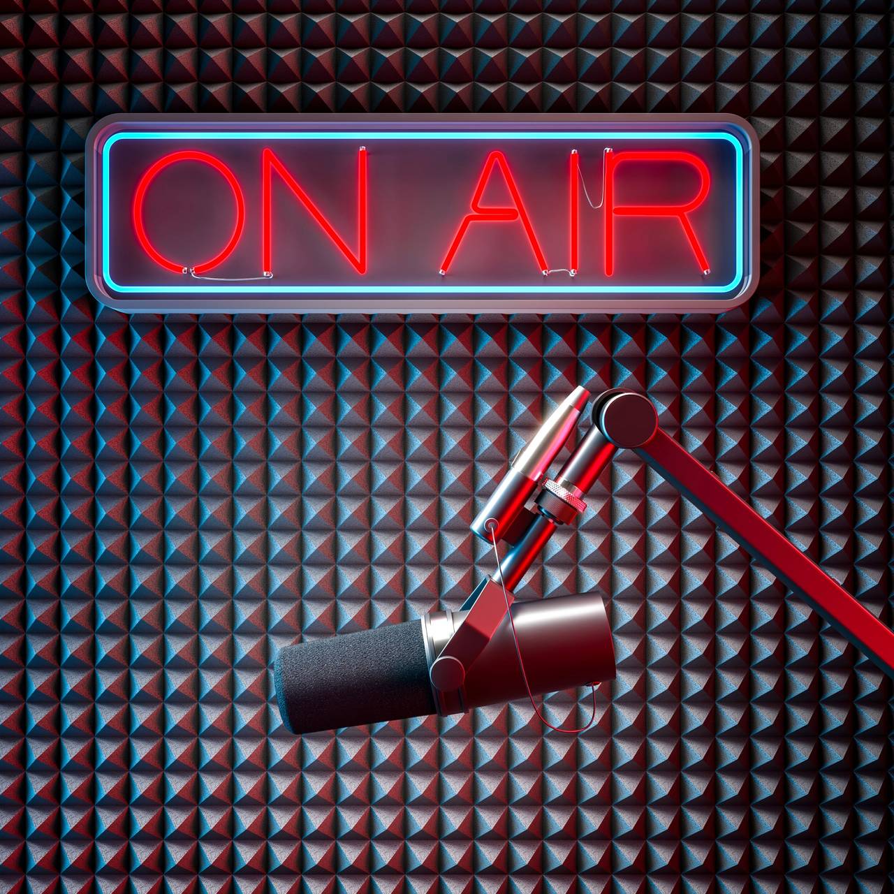 professionelles Mikrofon vor einer Wand auf der On Air steht