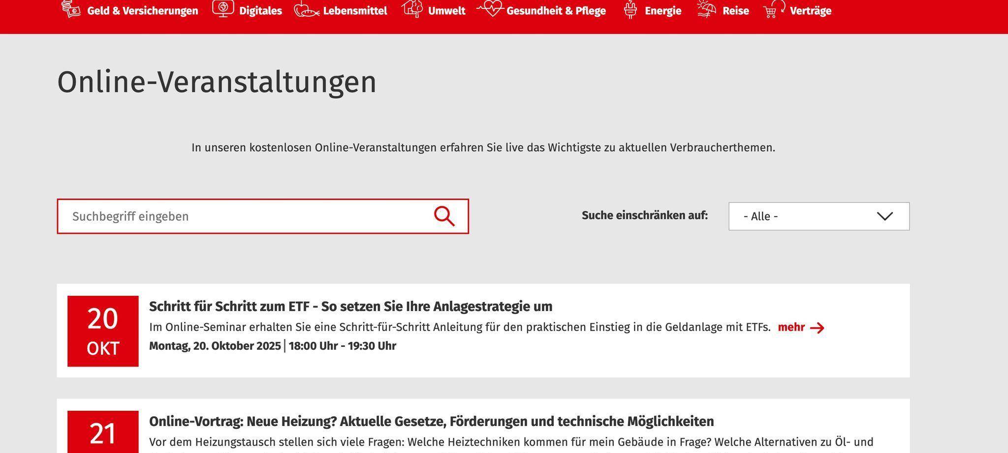 Onlinekurs-Angebot auf verbraucherzentrale.de