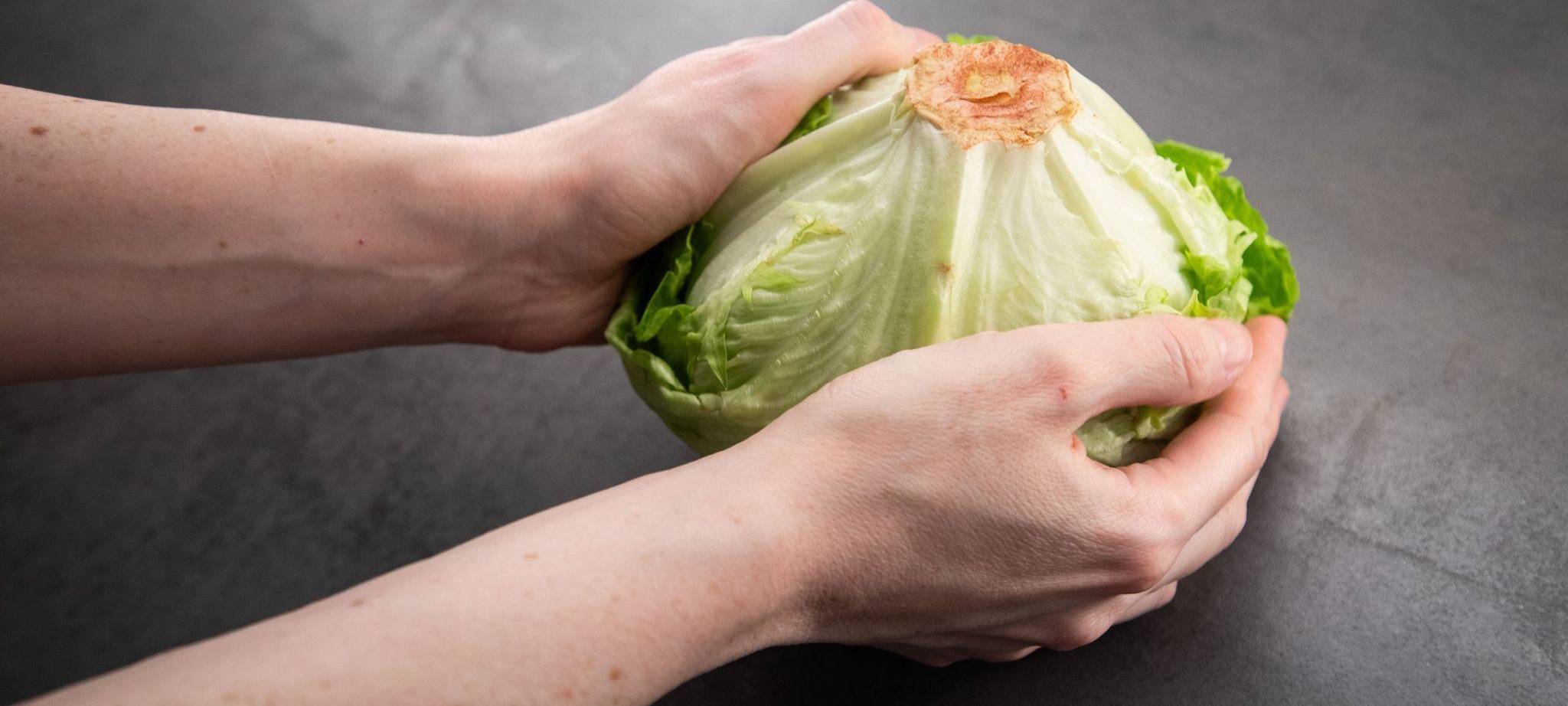 Frau hält einen Salatkopf in den Händen