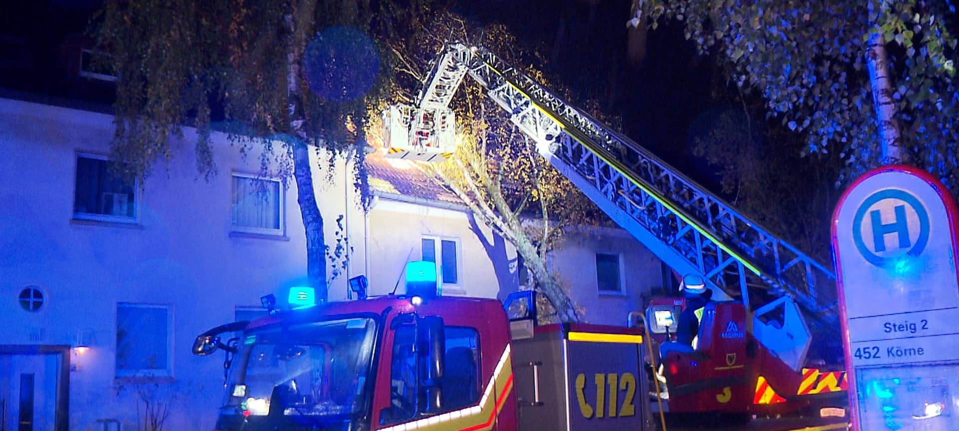 Baum entwurzelt und liegt auf Hausdach in Dortmund Körne