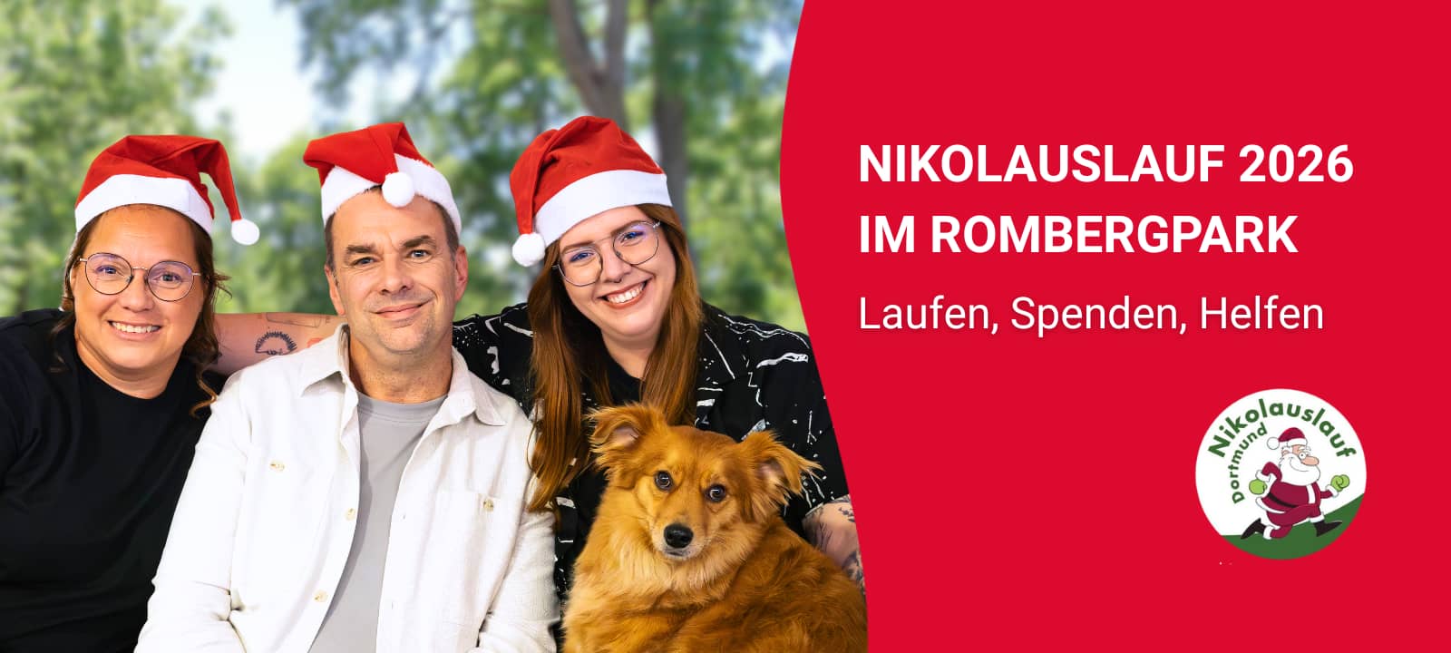 Freuen sich auf den Nikolauslauf im Rombergpark: Das Radio 91.2-Morgenteam Jackie Kindling, Tim Schmutzler & Natalie Sager mit Studiohund Freddie